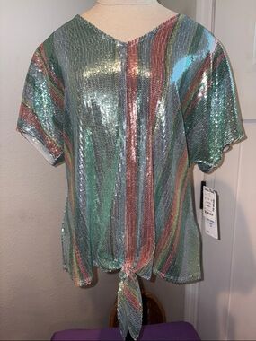 Prelude Sequin Tie-Front Short Sleeve Top in Green Multi